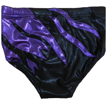 Glossy black purple wrestling trunks