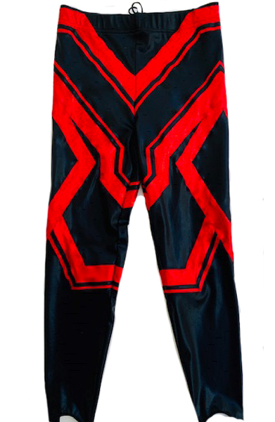 Black gloss on red wrestling tights 