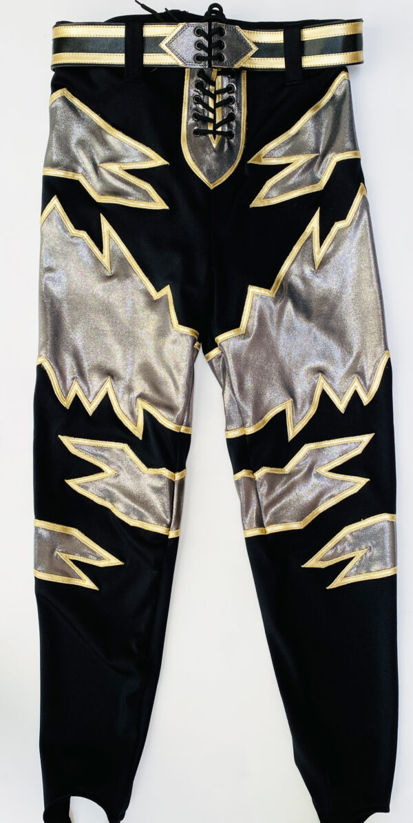 Black on silver gold  design with belt wrestling tights - Image 3
