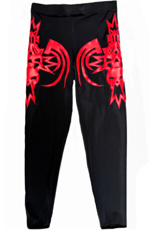Black on red skull design wrestling tights.