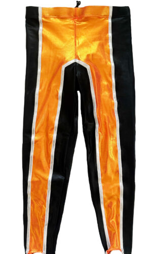 Neon Orange with black silver pro wrestling tights