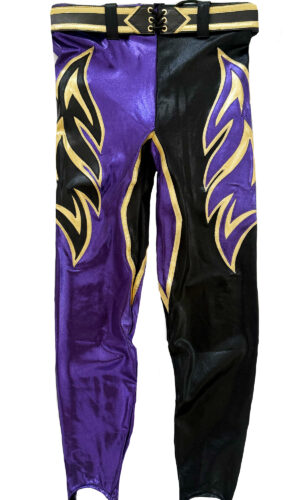 Purple & Black Gold Flame Wrestling Tights