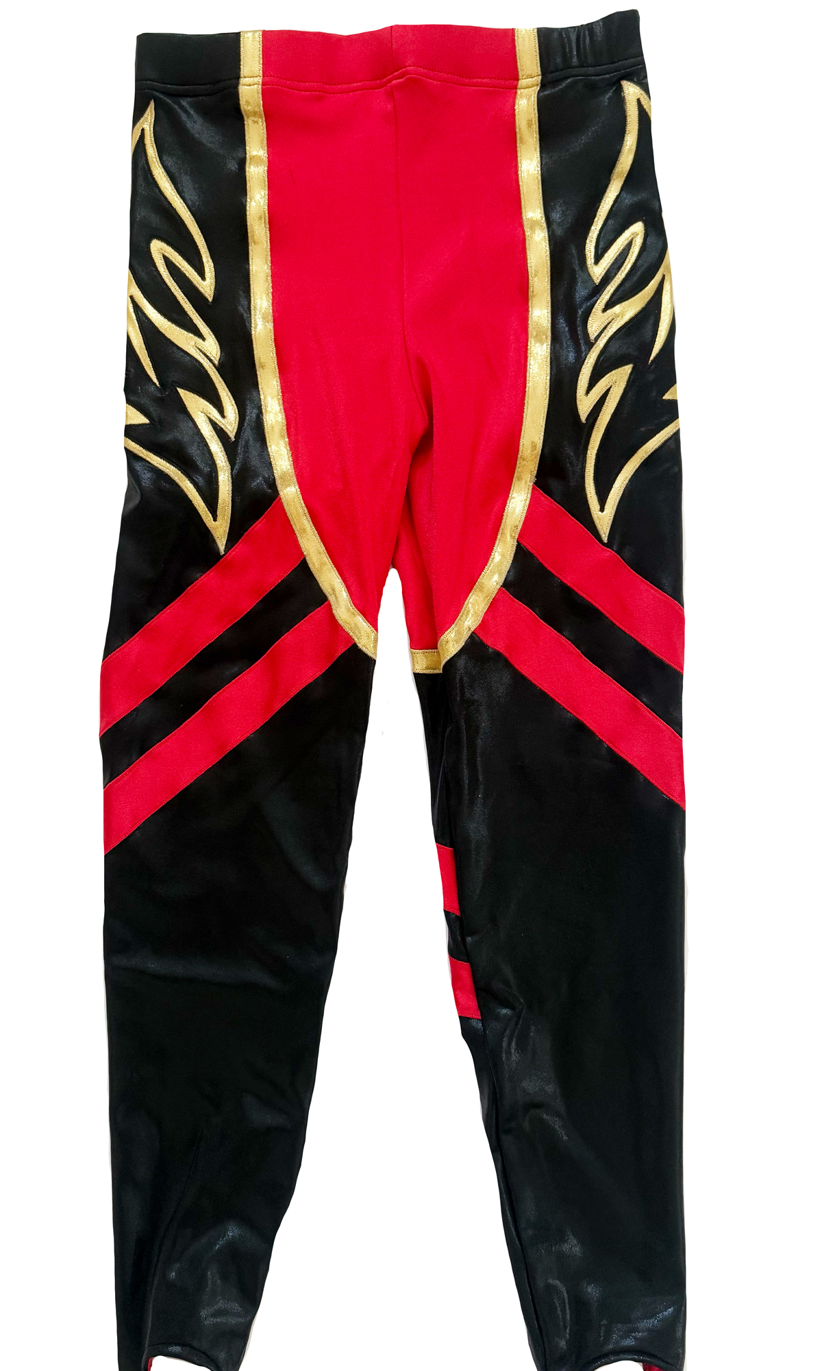 Black red and gold tribal flame pro wrestling tights